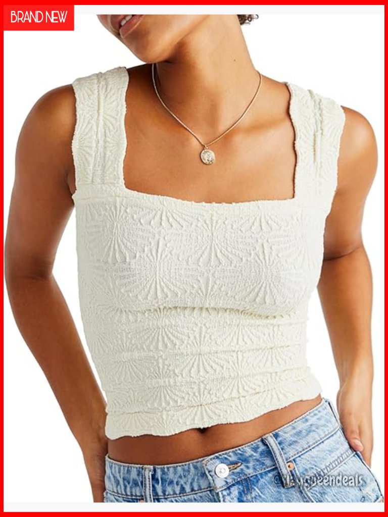 Square Neck Flower Embroidery Crop Tank Top Slim Fit Backless Summer